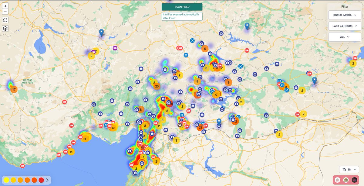 RT! afetharita.com üzerinden deprem bölgelerinde aktif olan hastahaneleri listelemeye ve göstermeye başladık.

Bu bilgiler teyitli ve geçerliliği yüksektir.

Birazdan sisteme sıcak yemek ve barınma sağlayan yerleri de dahil edeceğiz.

Lütfen bunu yayalım.