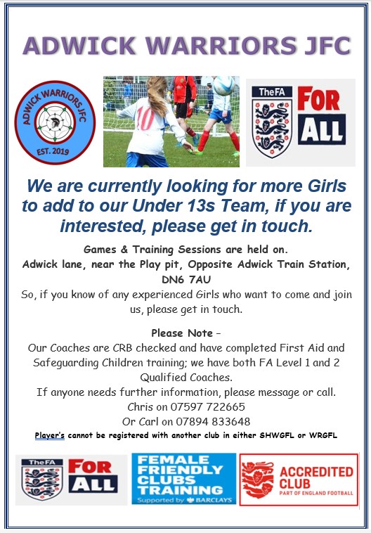 Adwick_Warriors's tweet photo. Players Wanted for our current Girls Under 13 Team, if you are interested please get in Touch https://t.co/ufoarzupC0