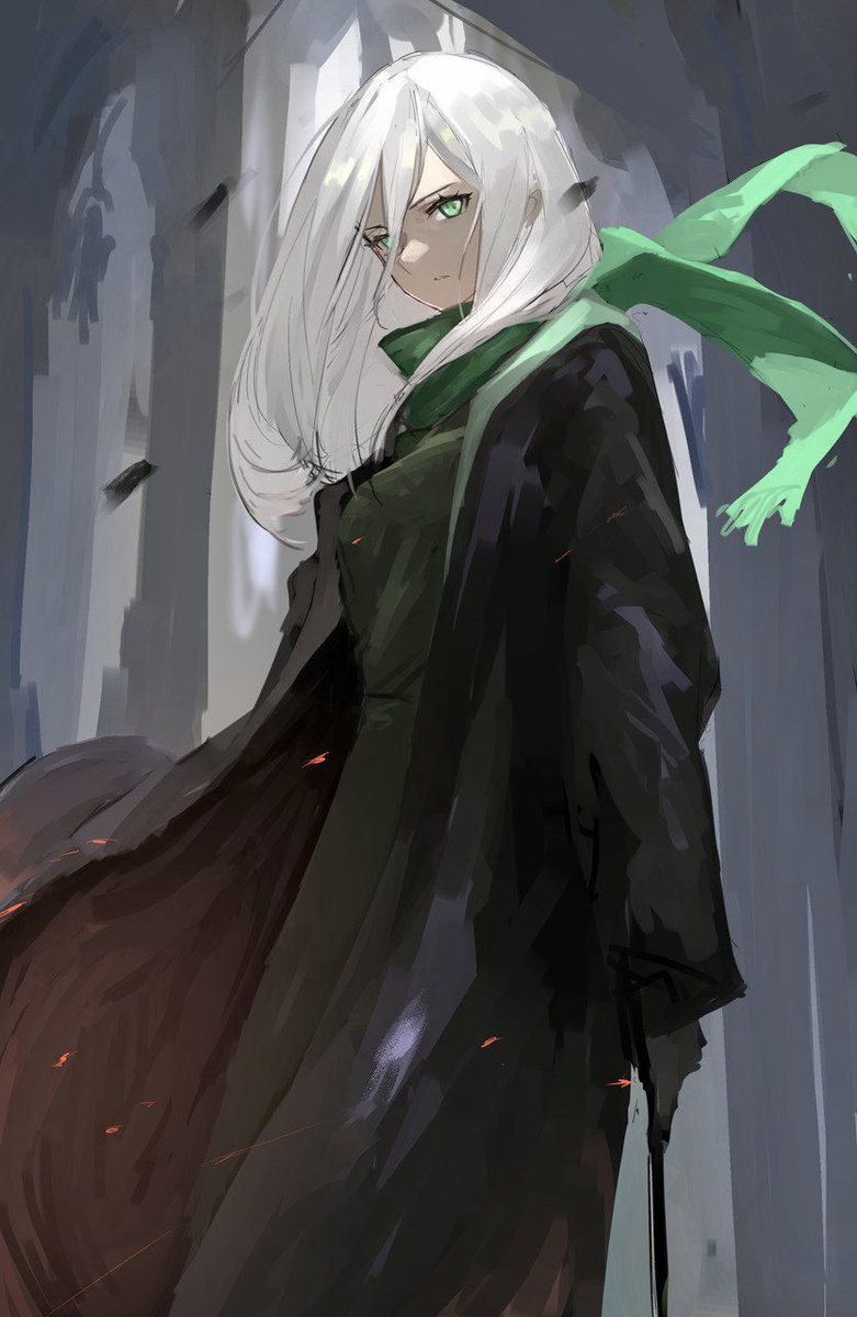 1girl solo scarf green scarf green eyes long hair white hair  illustration images