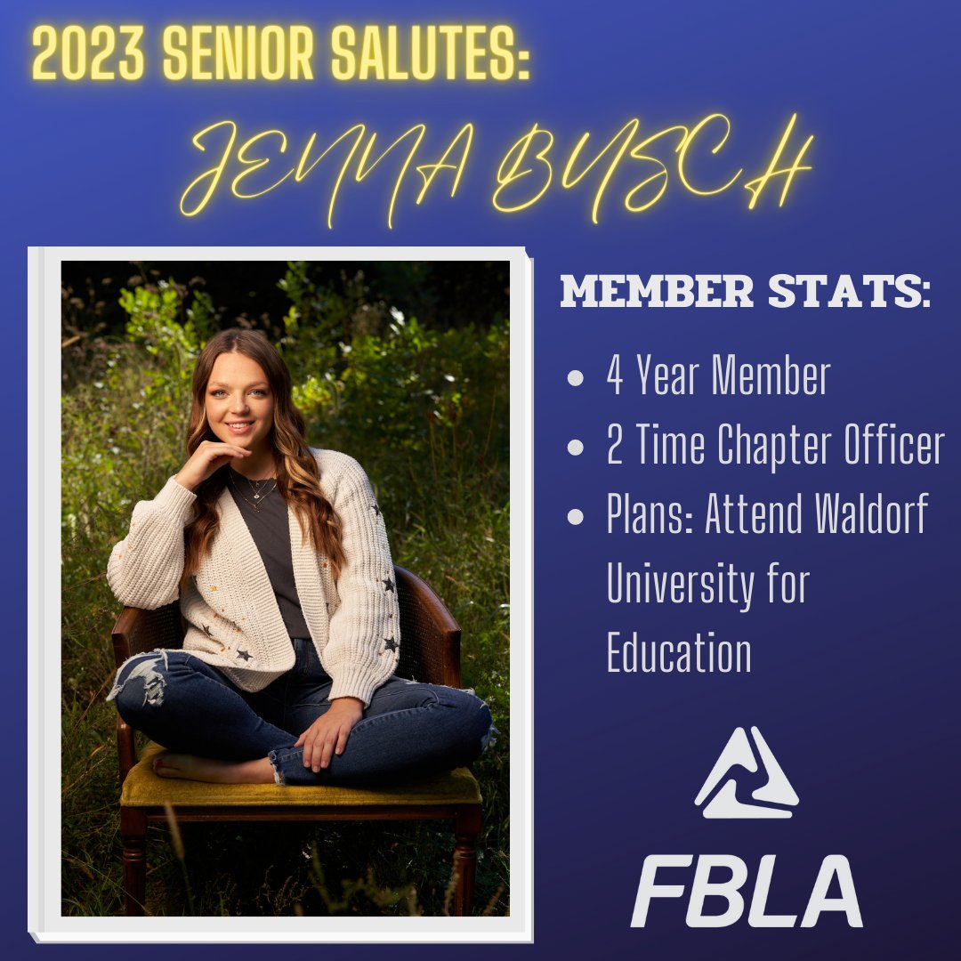 Our fourth senior salute goes out to 4 year member Jenna Busch. Jenna plans to attend Waldorf University to major in elementary education. Her favorite FBLA memory was of UFLC 2022. Best Wishes Jenna 🎓