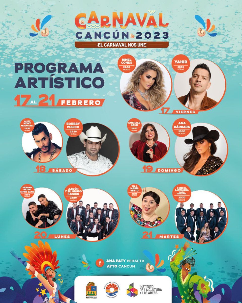 Cancunenses, llegó el momento de disfrutar la alegría y diversión del ¡#CarnavalCancúnNosUne2023! 🎉🎉

Vamos a bailar y cantar al ritmo de artistas como <a href="/Ninelconde/">Ninel Conde</a> <a href="/yahirmusic/">Yahir</a> <a href="/bobbypulido425/">Bobby Pulido</a> <a href="/anabarbaramusic/">Ana Bárbara</a>, La Sonora Santanera de Carlos Colorado y muchas sorpresas más👏