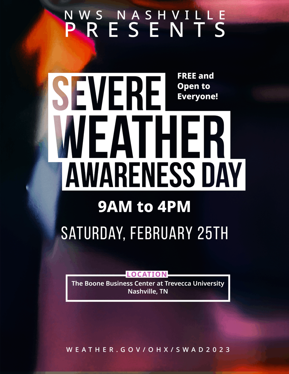NWSNashville's tweet photo. Hey, you! Yes, you. Have plans on February 25th? Now you do! Come join us at Trevecca University for Severe Weather Awareness Day. It's our first SWAD event since 2020, and we're excited to see everyone again! You won't want to miss it. 

🔗 https://t.co/a8ZhoYh48C https://t.co/G1qsHtfA3e