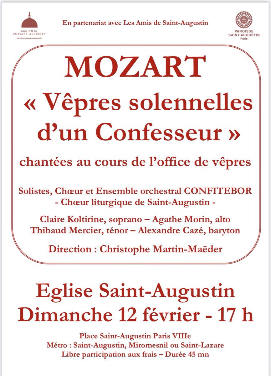 SCDebadier's tweet photo. 🎼Venez nombreux ! 🎶
#mozart #vêpres #confesseur #saintaugustin #chorale #paris8e https://t.co/2PGP9QUiTm