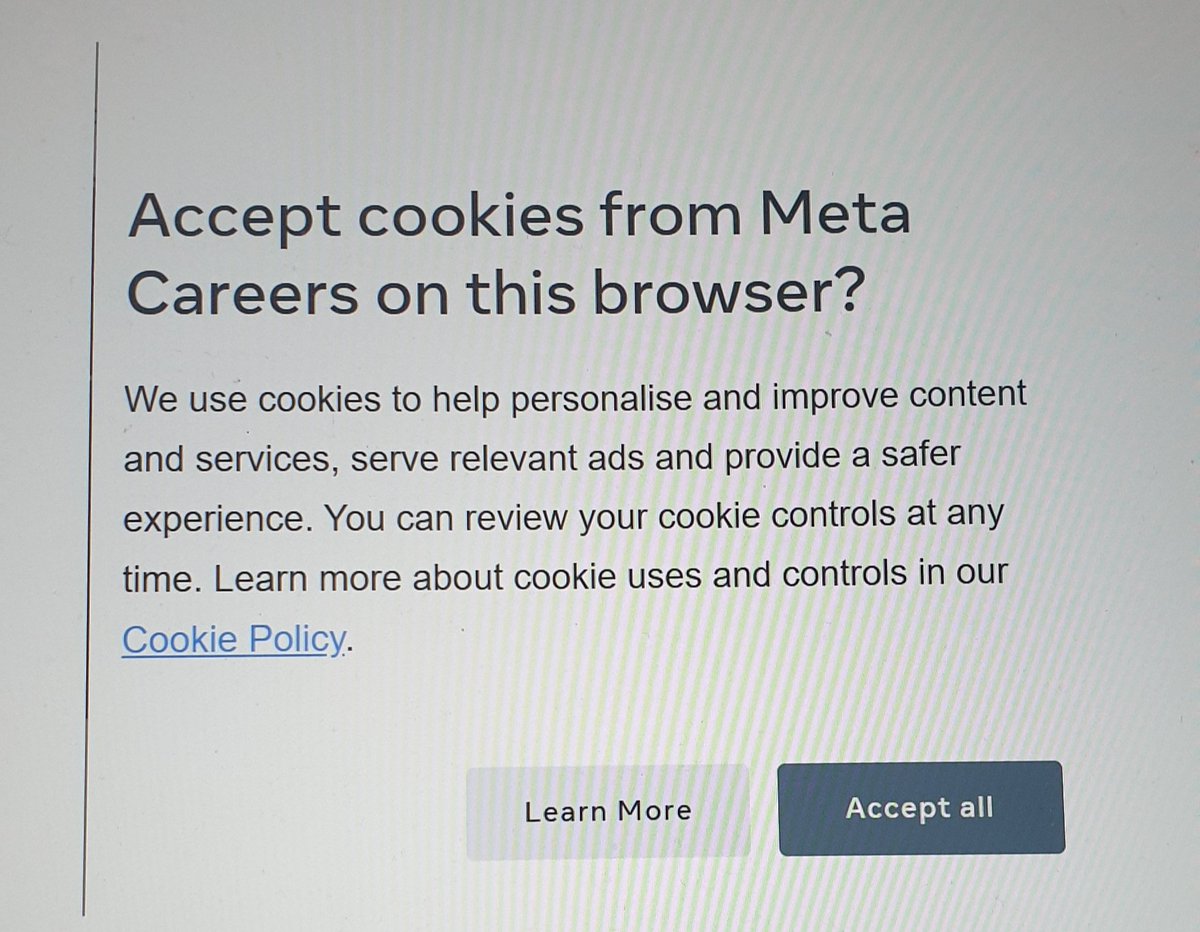 stupidjanrogers's tweet photo. @Meta please could you advise how I decline cookies? Even when i select "learn more" the option is not  available... https://t.co/xLpq3jPdn8