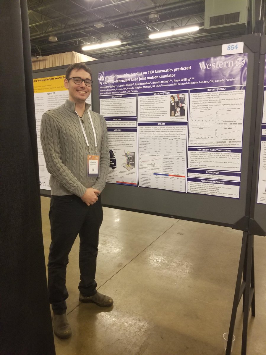 Poster 854 (poster session 1) 
Alexandre Galley - The effect of hamstring loading on TKA kinematics predicted by a gravity-dependent knee joint motion simulator #ORS2023