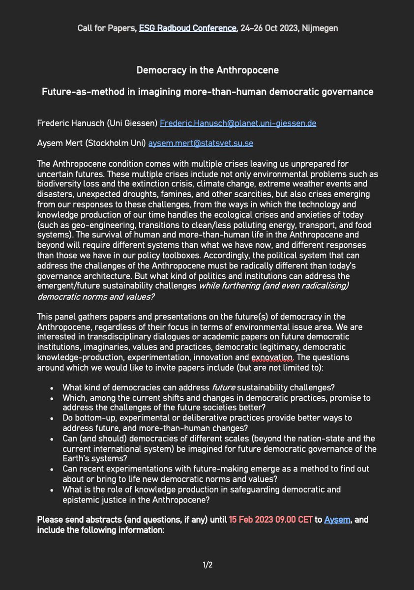 ESG_Democracy's tweet photo. We are organizing a panel for the 2023 Radboud conference on "Democracy in the Anthropocene:
Future-as-method in imagining more-than-human democratic governance". Please get in touch in case of any questions. We are looking forward to your abstracts! https://t.co/SuuhICbsqC