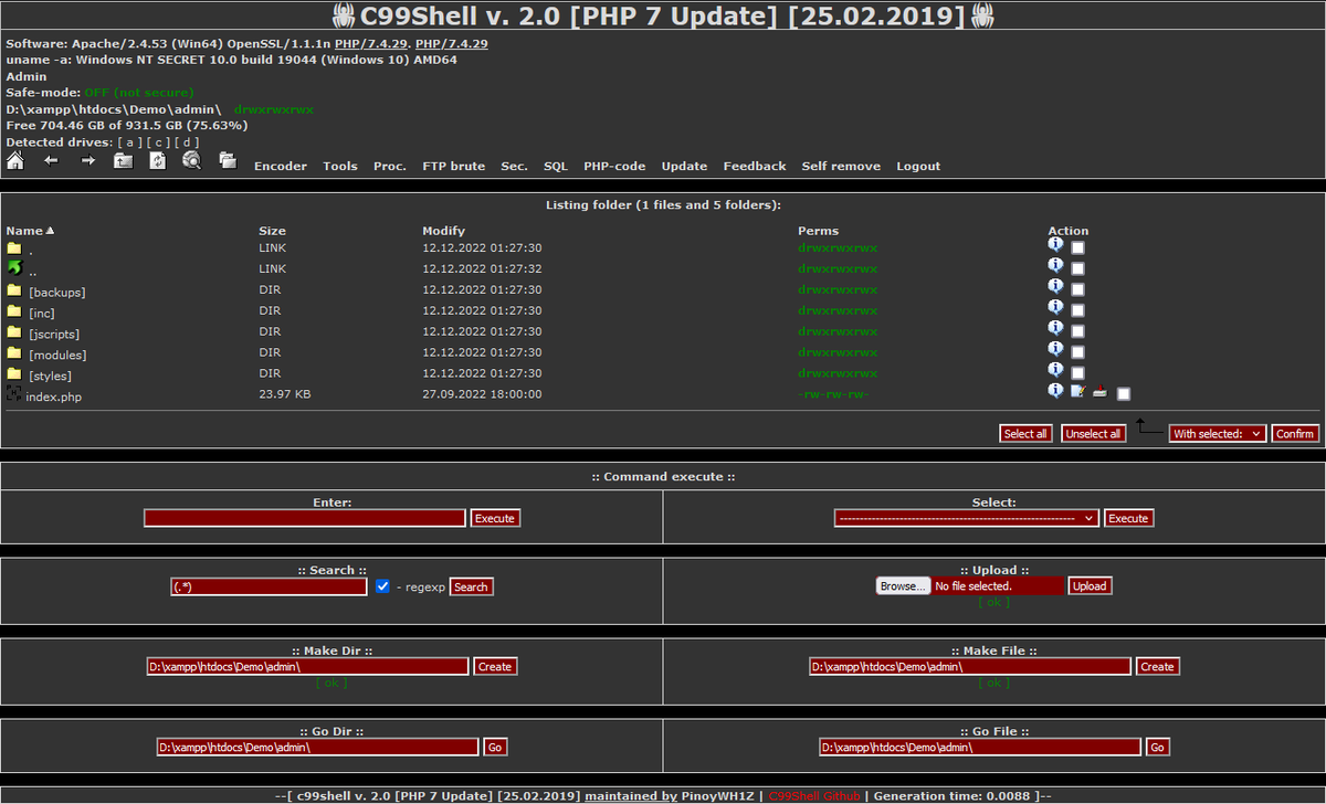 KitPloit's tweet image. C99Shell-PHP7 - PHP 7 And Safe-Build Update Of The Popular C99 Variant Of PHP Shell bit.ly/3RQNum7 #C99 #C99ShellPHP7 #Malware