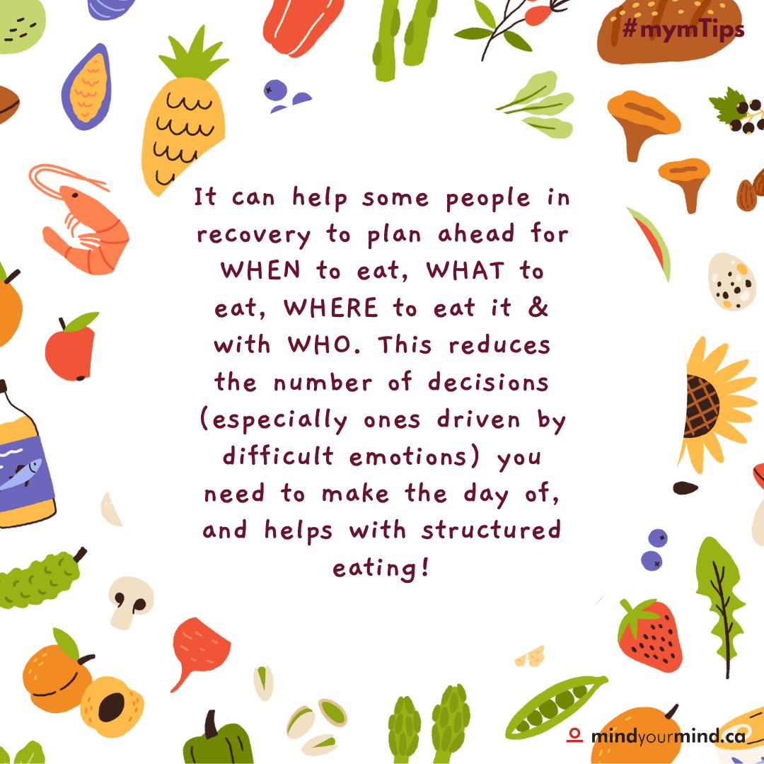 mindyourmind_ca's tweet image. It can help some people in recovery to plan ahead for WHEN to eat, WHAT to eat, WHERE to eat it &amp;amp; with WHO. This reduces the number of decisions (especially ones driven by difficult emotions) you need to make the day of, and helps with structured eating! #mymTips #EDAW2023