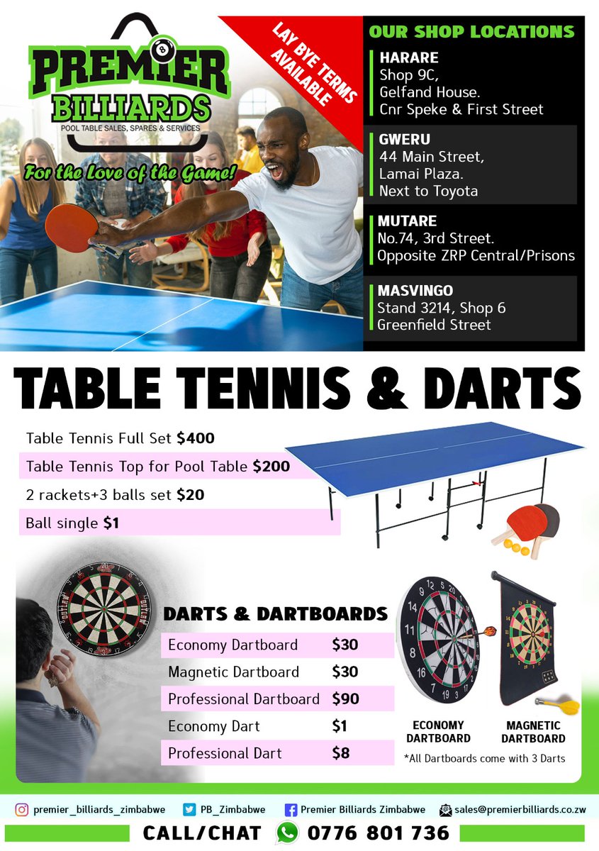 #redmarketsunday
<a href="/redmarketsunday/">Red Market Sunday</a> 
<a href="/iMisred/">MISRED</a> 
PREMIER BILLIARDS ZIMBABWE. We provide the best price and quality for Pool, Soccer and Tables, Spares &amp; Accessories, Call/App Premier Billiards +263776801736