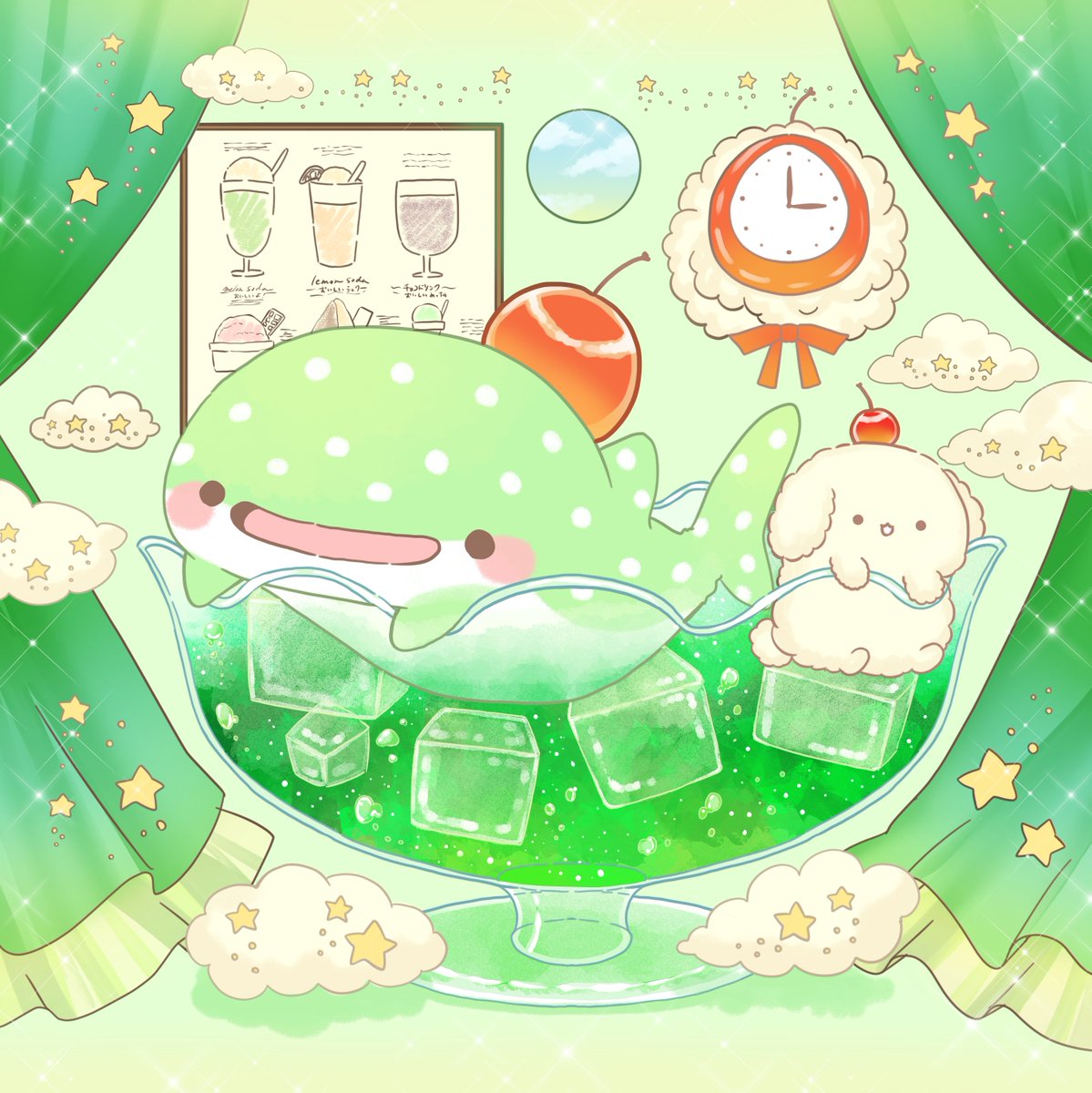 メロンソーダじんべえざめとクリームソーダわんこのお部屋描きました🍒