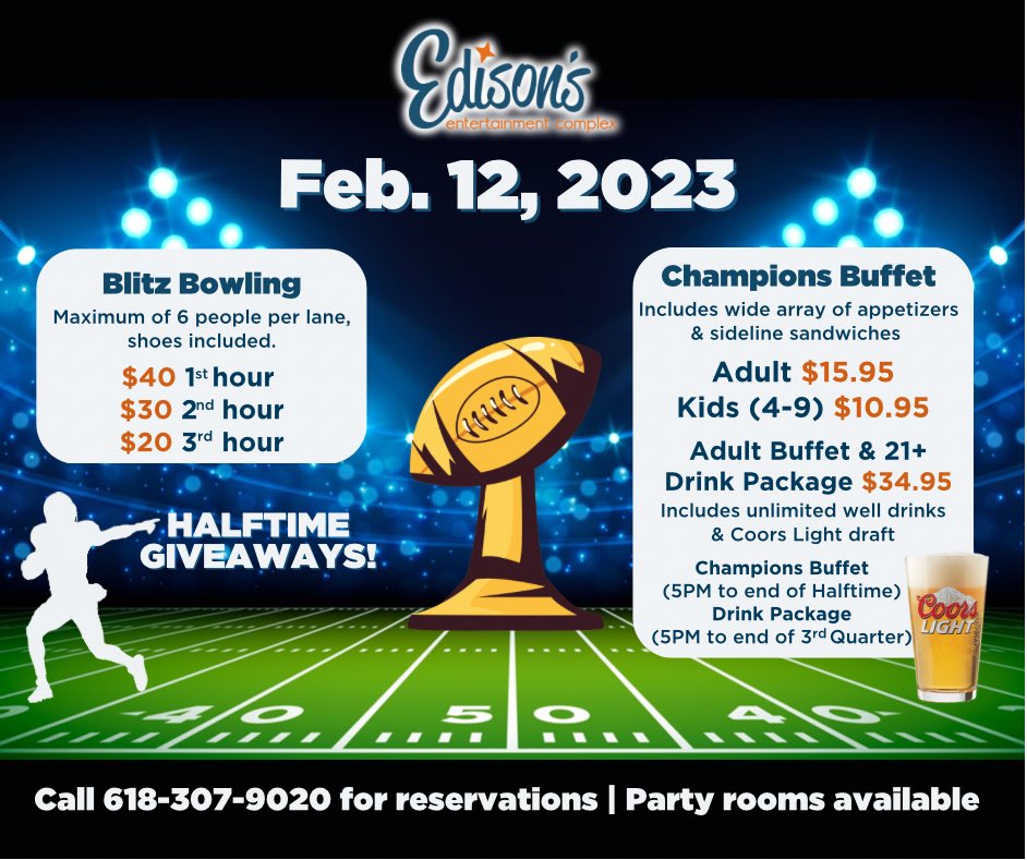 Join us for the big game on the big screens, with a great buffet of fan favorites! #edwardsville