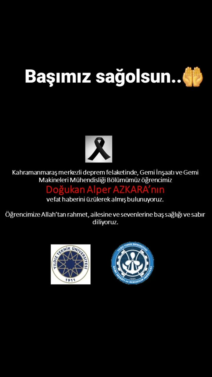 ytugidf's tweet photo. Başımız sağolsun...
Şu ana kadar 2 öğrencimizi depremde kaybettik, çok üzgünüz. Deprem felaketinde vefat eden tüm vatandaşlarımıza 
Allah'tan rahmet, yaralananlara acil şifalar, kalanlara da sabır dileriz. 🤲
@yildizedu @ytugemdek 
#deprem https://t.co/WUwg1w4GQW