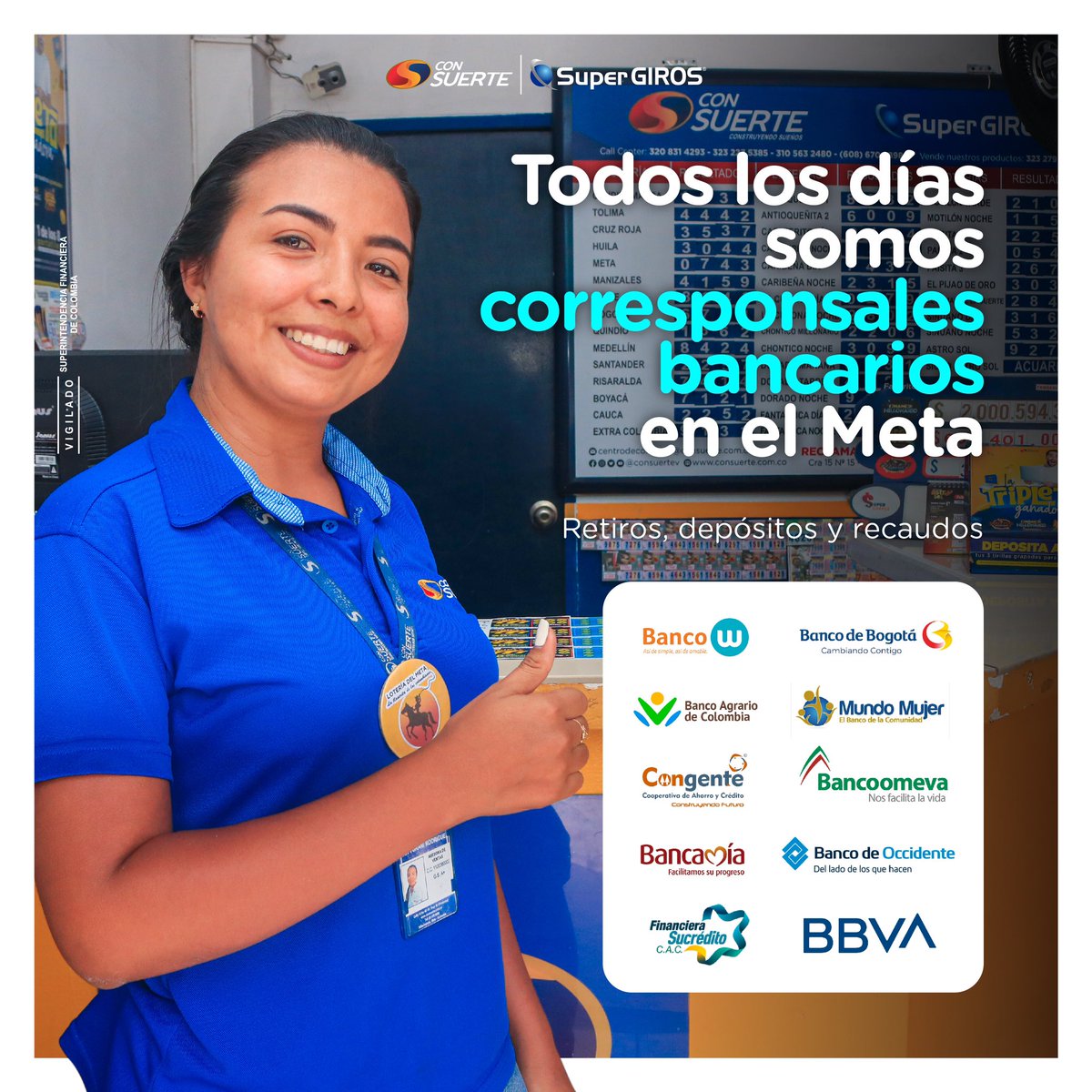 consuertemeta's tweet photo. 🗓️Hoy y como siempre, cuentas con nuestros puntos de atención📍Multiservicios #ConSuerte 🧾✍️👩‍💻🍀 
#SúperGIROS #TodoEnUnSoloLugar #llanerocomprallanero #SuperGiros #pagodeserviciospublicos #villavicencio #atención #departamentodelmeta  #loteriasyapuestasdelestado 
#recaudos https://t.co/T6mk4bQ1dz