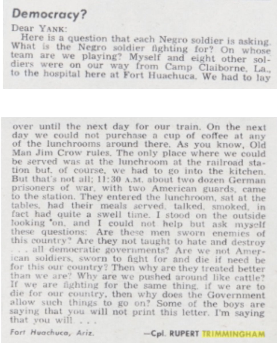 LeonardPittsJr1's tweet image. In 1944, Rupert Trimmingham, a black U.S. Army corporal, wrote a letter to Yank magazine that this country is still struggling to answer.

#blackhistorymonth2023

⁦⁦@RonDeSantisFL⁩ ⁦@GovRonDeSantis⁩