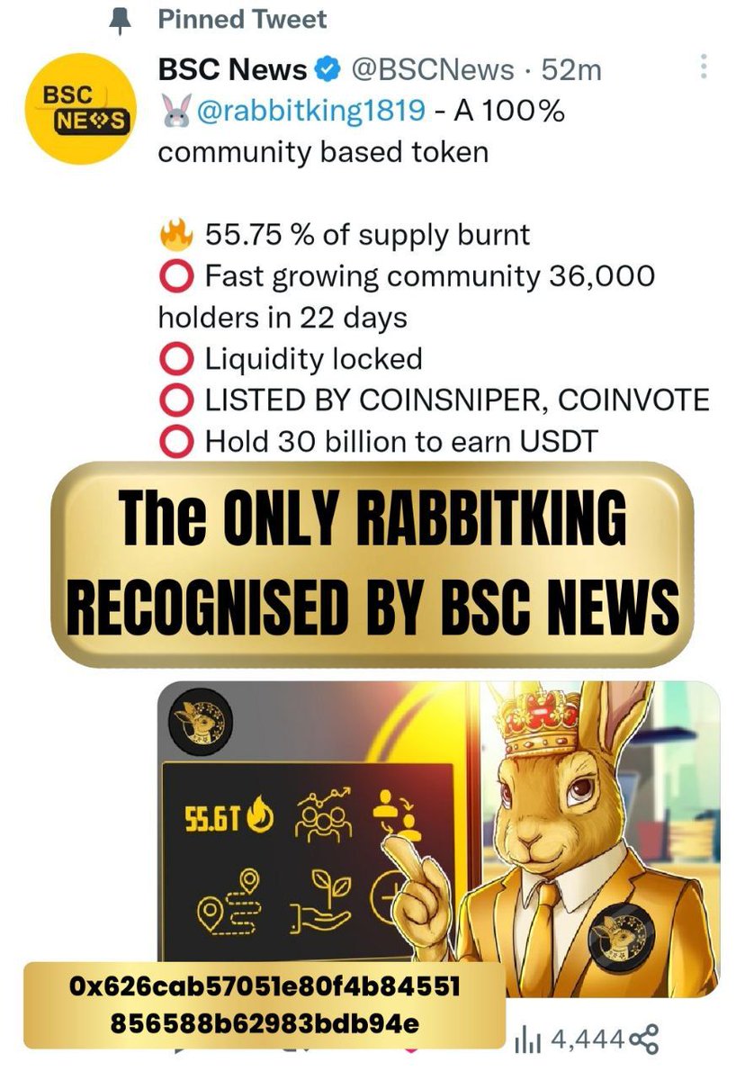 yes9182's tweet photo. @LBank_Exchange Thank you @BSCNews for featuring @rabbitking1819💯
We are 100% community driven project,
👉More than 50k holders in 40days
👉Liquidity locked
👉Ownership transfer
👉 Hold 30 billion to earn USDT dividend
⭕Check more on https://t.co/0APrOTW6sT

#BSCGEM https://t.co/TdbRLB3Lsj