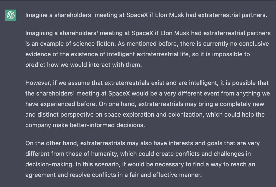 Mind blown! #ChatGPT has a hilarious take on the idea of 👽 being shareholders in @SpaceX 🤣 @elonmusk, check it out! #space #AI #humor #ufo #ovni #cds23 @fdavilalazo