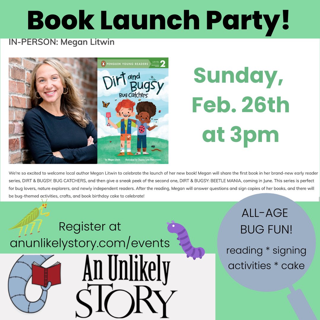 Meg_Litwin's tweet photo. Bug lovers &amp; book lovers - all are welcome at the DIRT &amp; BUGSY launch party! Hosted by @unlikelybkstore in their spectacular event space, we’ll have room to explore, investigate, and celebrate the wonderful world of bugs. Hope to see you!

Register here:
https://t.co/d66MugKfD0 https://t.co/CspA1vKcwN