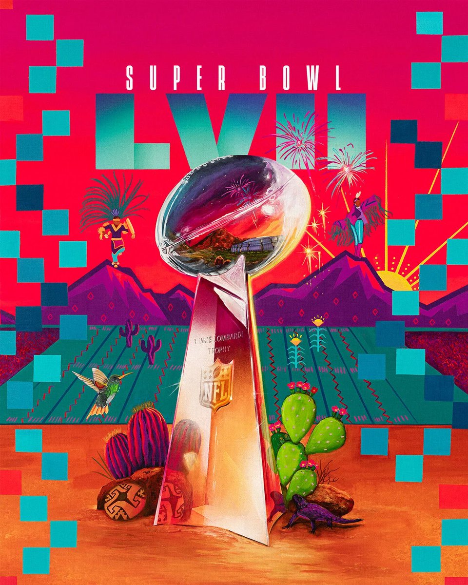 🏈 Happy #SuperBowlLVII sunday! Did you know this year the <a href="/NFL/">NFL</a> partnered with artist Lucinda “La Morena” Hinojos who became the first Chicana and indigenous woman artist to paint the official Super Bowl artwork? 🎨
