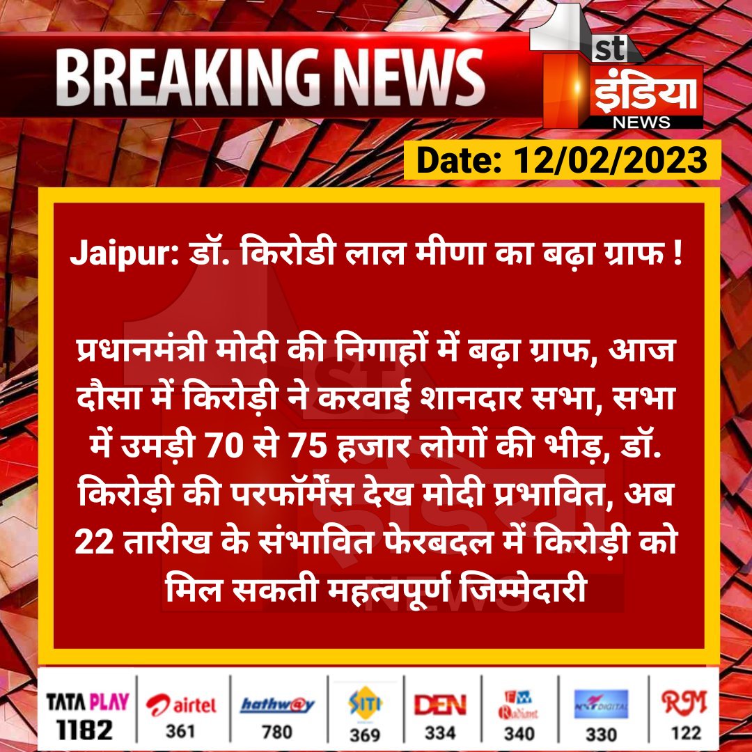 1stIndiaNews's tweet photo. #Jaipur: डॉ. किरोडी लाल मीणा का बढ़ा ग्राफ !

प्रधानमंत्री मोदी की निगाहों में बढ़ा ग्राफ, आज दौसा में किरोड़ी ने करवाई शानदार सभा, सभा में उमड़ी 70 से 75 हजार लोगों की भीड़, डॉ. किरोड़ी की परफॉर्मेंस देख मोदी प्रभावित...

@narendramodi @DrKirodilalBJP @BJP4Rajasthan https://t.co/XEQUFxW12t