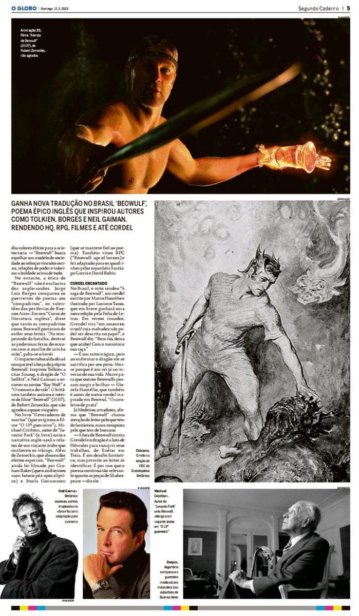 Hoje no <a href="/OGlobo_Cultura/">Cultura - O Globo</a>: "Beowulf", o épico anglo-saxão que inspirou Borges, Tolkien, Neil Gaiman e já virou até cordel! A Editora 34 lançou uma nova tradução, assinada por Elton Medeiros, que foi premiada pela APCA. Na matéria, comenta os desafios de traduzir "Old English":