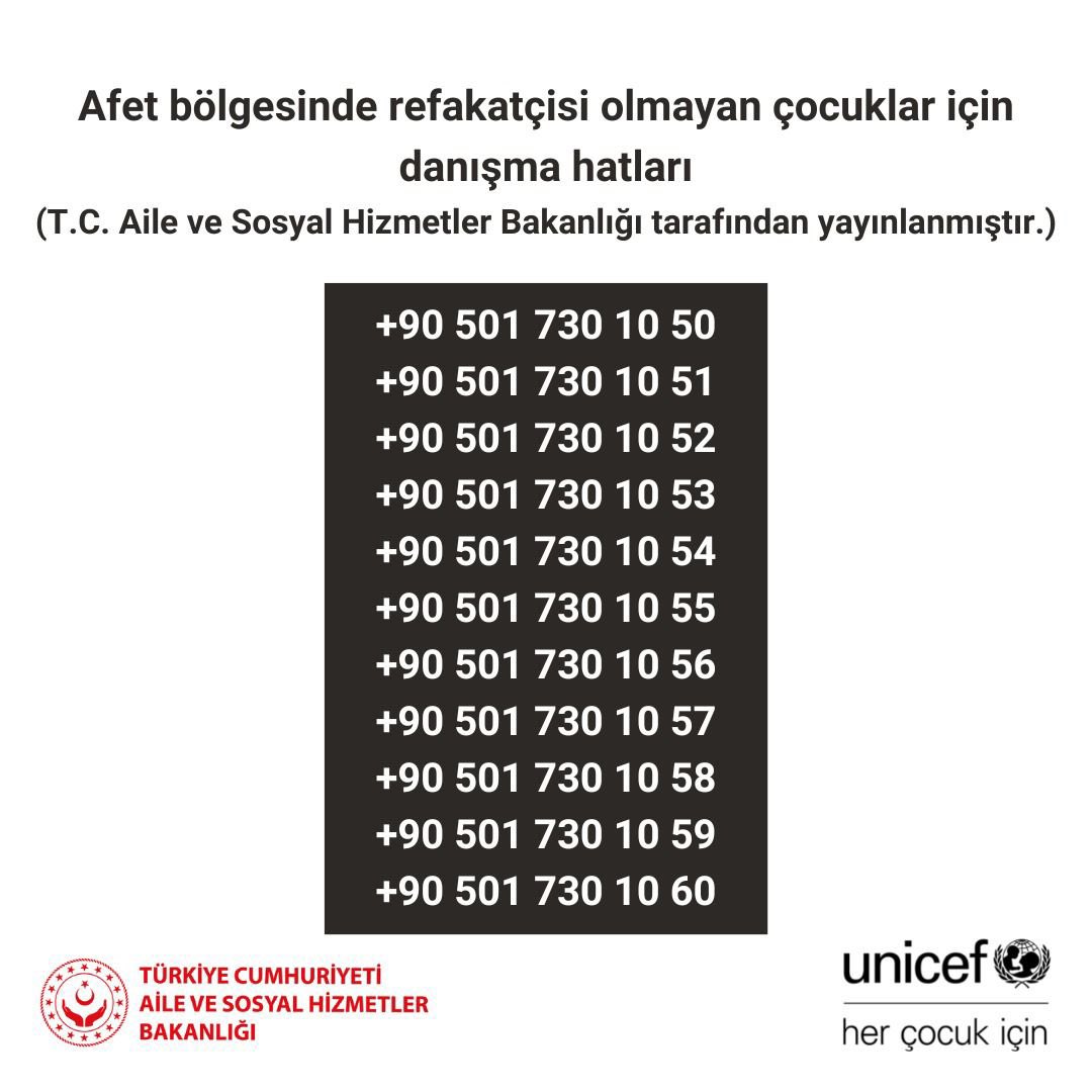 ⚠️ Afet bölgesinde refakatçisi olmayan çocuklar için danışma hatları. (T.C. Aile ve Sosyal Hizmetler Bakanlığı tarafından yayınlanmıştır.) <a href="/tcailesosyal/">T.C. Aile ve Sosyal Hizmetler Bakanlığı</a>