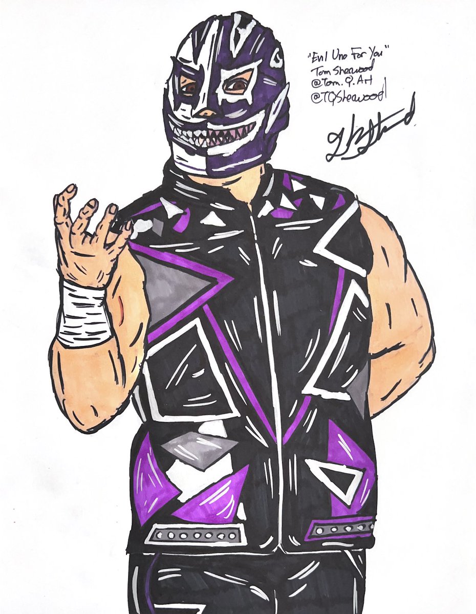TQSherwood's tweet image. “Evil Uno For You.” Newest drawing today featuring @EvilUno!! It’s been a while since I’ve drawn Evil Uno, and I had to remedy that. Just really pumped to see him return to @C4Wrestling on the 24th!! #eviluno #darkorder #fanart #wrestlingart #aew