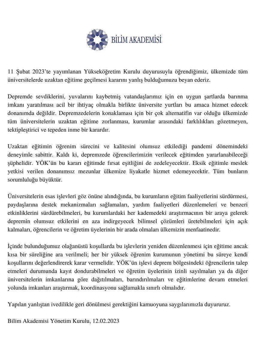 YÖK'ün Uzaktan Eğitim Kararıyla  İlgili Bilim Akademisi Duyurusu