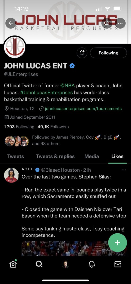 PauloAlvesNBA's tweet photo. John Lucas’ twitter latest like is…

“Some say tanking masterclass, I say coaching incompetence.”

Yikes. #Rockets https://t.co/TSKNhEkpAT