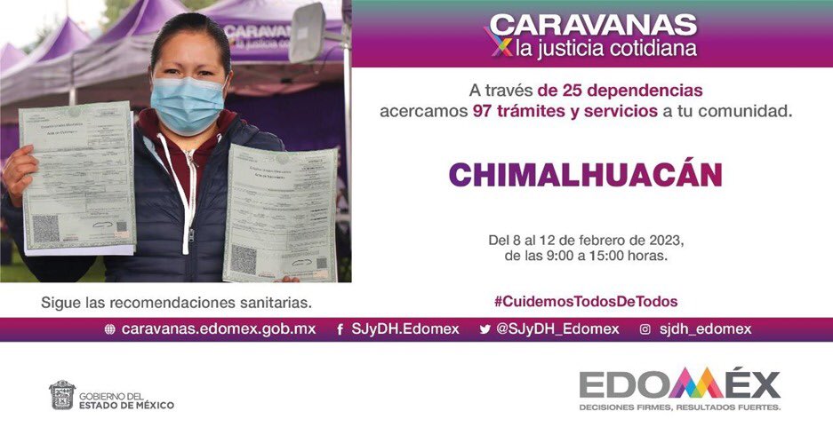 LUISFELIPE_P's tweet photo. Hoy es el último día de las #CaravanasXLaJusticia en el municipio de #Chimalhuacán, no pierdas la oportunidad de realizar tus trámites de manera más cercana.
Ingresa al sitio:
https://t.co/EEXzXMCFAN https://t.co/fcspe5JvCr