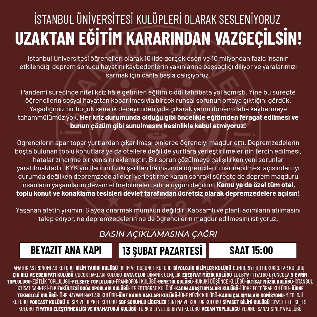 İstanbul Üniversitesinin 39 kulüp ve topluluğu olarak sesleniyoruz: EĞİTİMİN FEDA EDİLMESİNİ KABUL ETMİYORUZ!