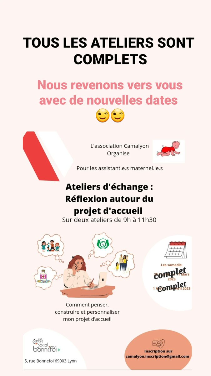 Camalyon3's tweet photo. Tous nos ateliers d'échanges : Réflexion autour du projet d’accueil sont COMPLETS.
Nous revenons vers vous avec de nouvelles dates. MERCI 🙏🙏🙏
#valorisationassmat
#dynamiser
#assmatlyon3
#Camalyon3 https://t.co/XbMq2Wbtks