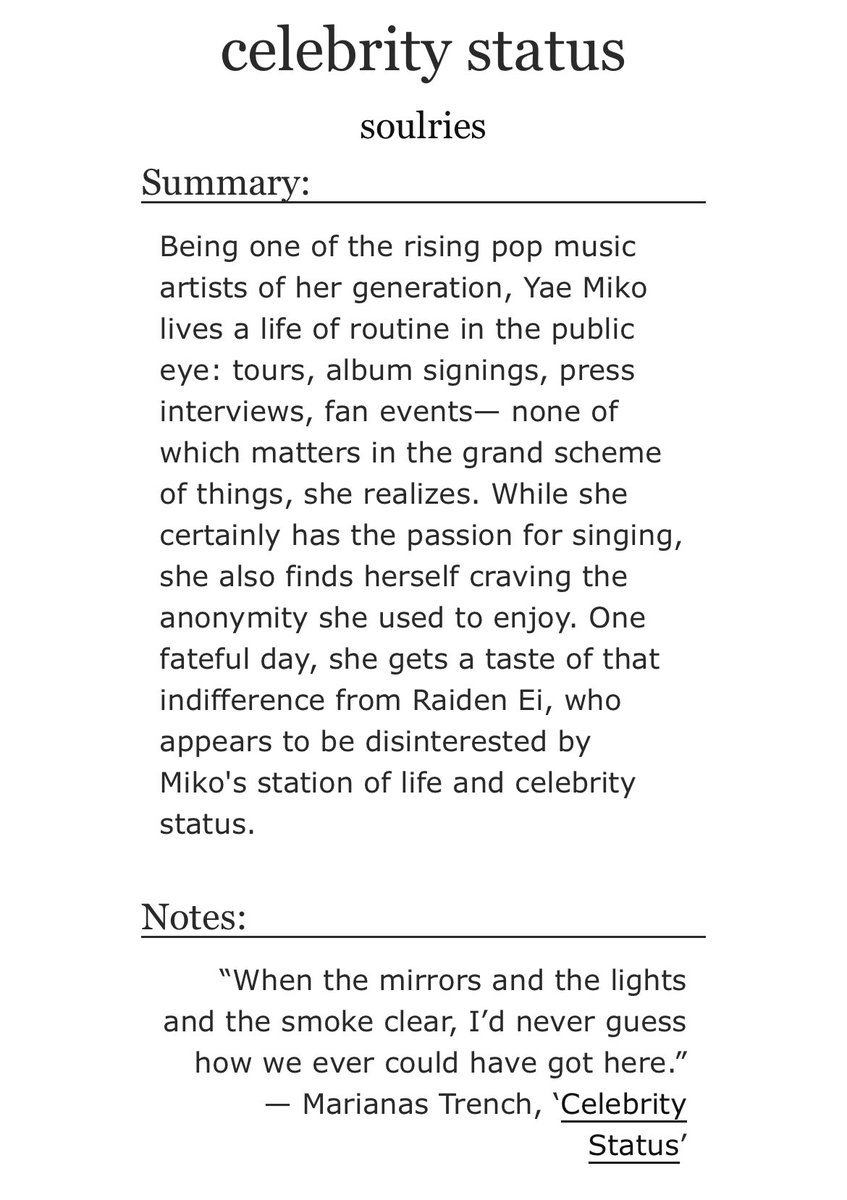 hi :3
tags: #eimiko, multichaptered, modern au, popstar yae, meet ugly, enemies to lovers
🔗: ao3.org/works/44970265