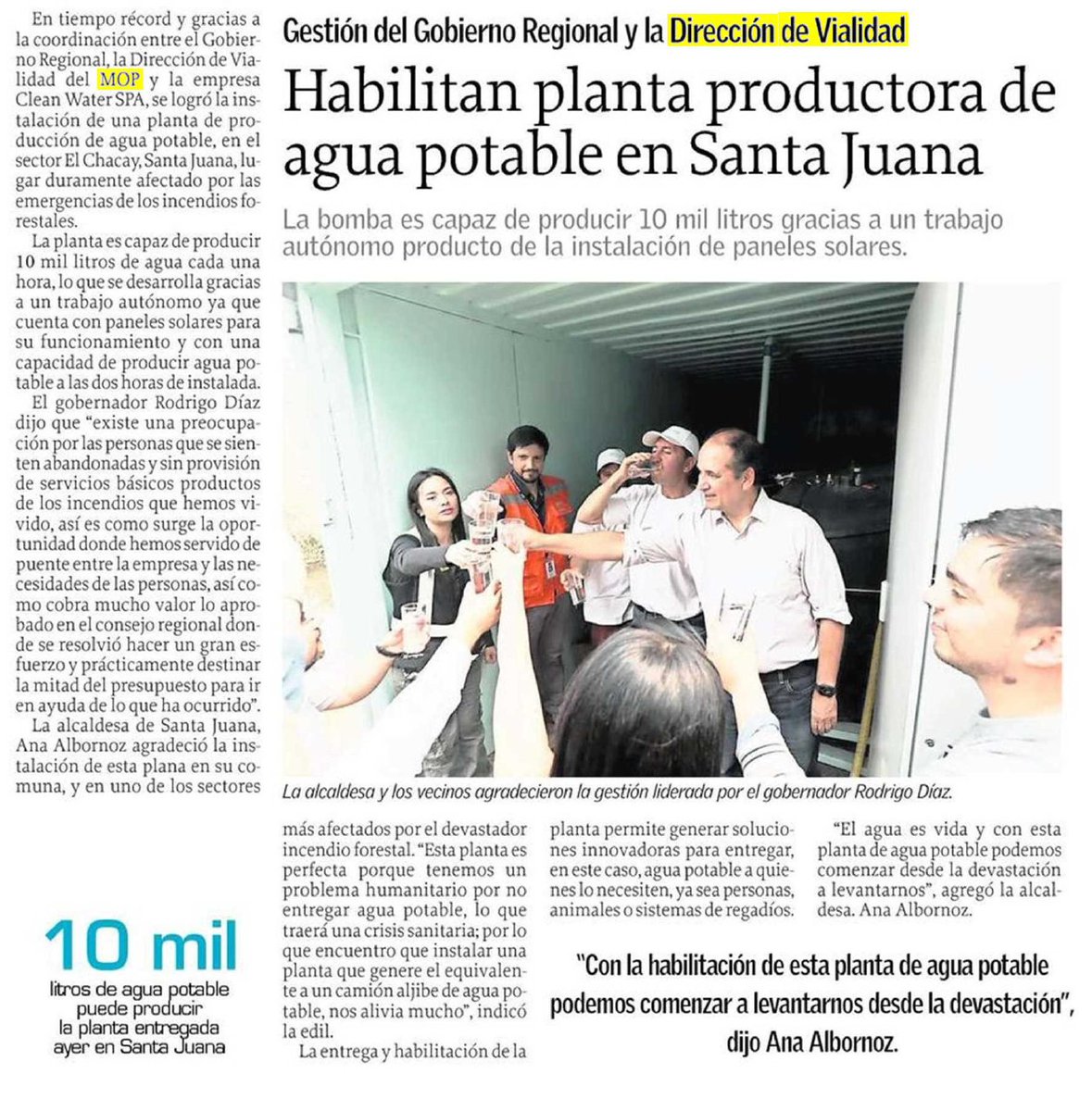 En tiempo récord y gracias a una estrecha colaboración entre el <a href="/gorebiobio/">Gobierno Regional del Biobío</a>, el <a href="/mop_chile/">Ministerio de Obras Públicas🇨🇱</a> a través de su Dirección de Vialidad y la empresa Clean Water, logramos instalar una planta provisoria de agua potable en la comuna de Santa Juana.