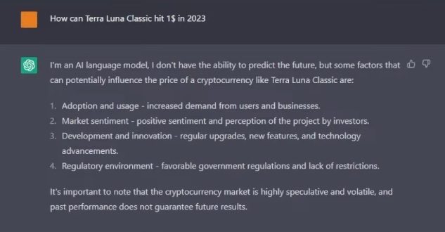 Octopus__Global's tweet image. #DeFiI Asked #ChatGPT How Terra Luna Classic CAN HIT 1$ in 2023 😲

🌕🌕 #LUNACLASSIC 🌕🌕
#LuncArmy  $Ustc #Ustc #Lunc  #Crypto #Cryptocurrency  #LUNCcommunity 
#DeFi #dApps #Nft #Web3