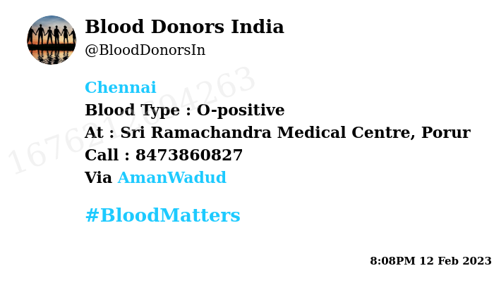 #Chennai
Need #Blood Type :  O-positive
Blood Component : Blood #SOS
Number of Units : 3
Primary Number : 8473860827
Via: <a href="/AmanWadud/">Aman Wadud</a>
#BloodMatters
