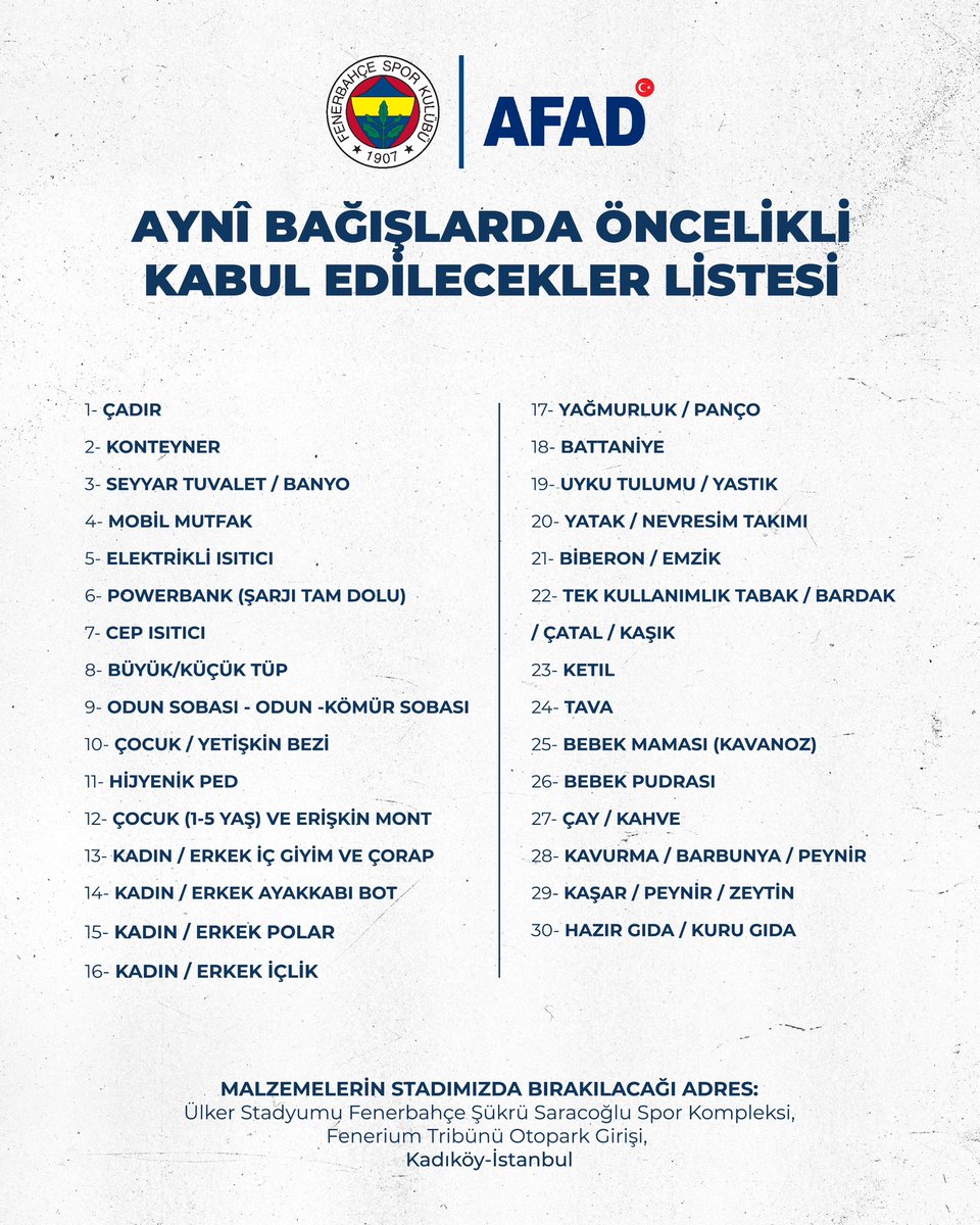 Fenerbahce's tweet photo. Güncel yardım listesi ⬇️

Yardım malzemelerini stadımıza bırakabilirsiniz. 🙏 https://t.co/M3cneDSnH7