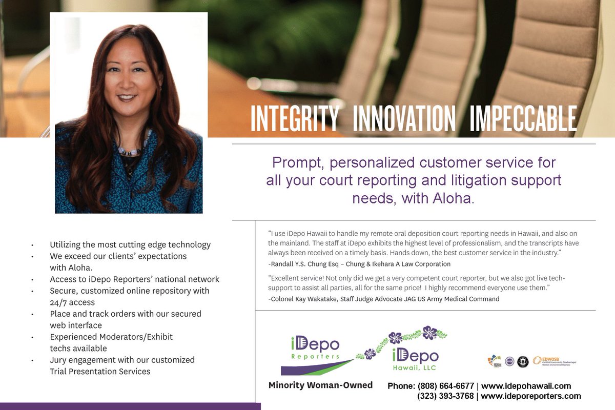 IreneNakamura1's tweet image. iDepo is built on our reputation for a deep understanding of the legal system, litigation needs, and the court itself. 

Get a quote that fits your exact needs and requirements. Contact us now! 💜💚
#litigationmadeeasy #streamlineyourprocess #peaceofmind #confidenceinsuccess