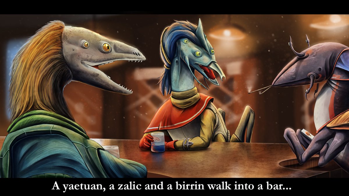 A funny painting of a zalic, a yaetuan, and a birrin, in a bar. It makes for a really funny joke (read alt text :))
#alien #alienart #conceptart #digitalart #speculativebiology #speculativeevolution #specbio #creatures #alienplanet #creatureconcept
