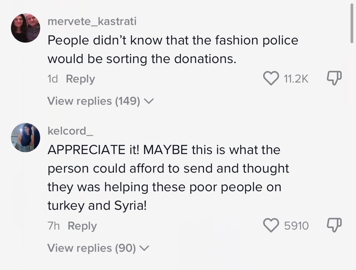 medicaIchemist's tweet photo. The amount of comments telling her they should be “grateful” to get any sort of donations. Be fucking for real… who in their right mind is donating freaking lingerie to Turkey and Syria right now. I’m 100% with her on this. https://t.co/zILis6eL6G