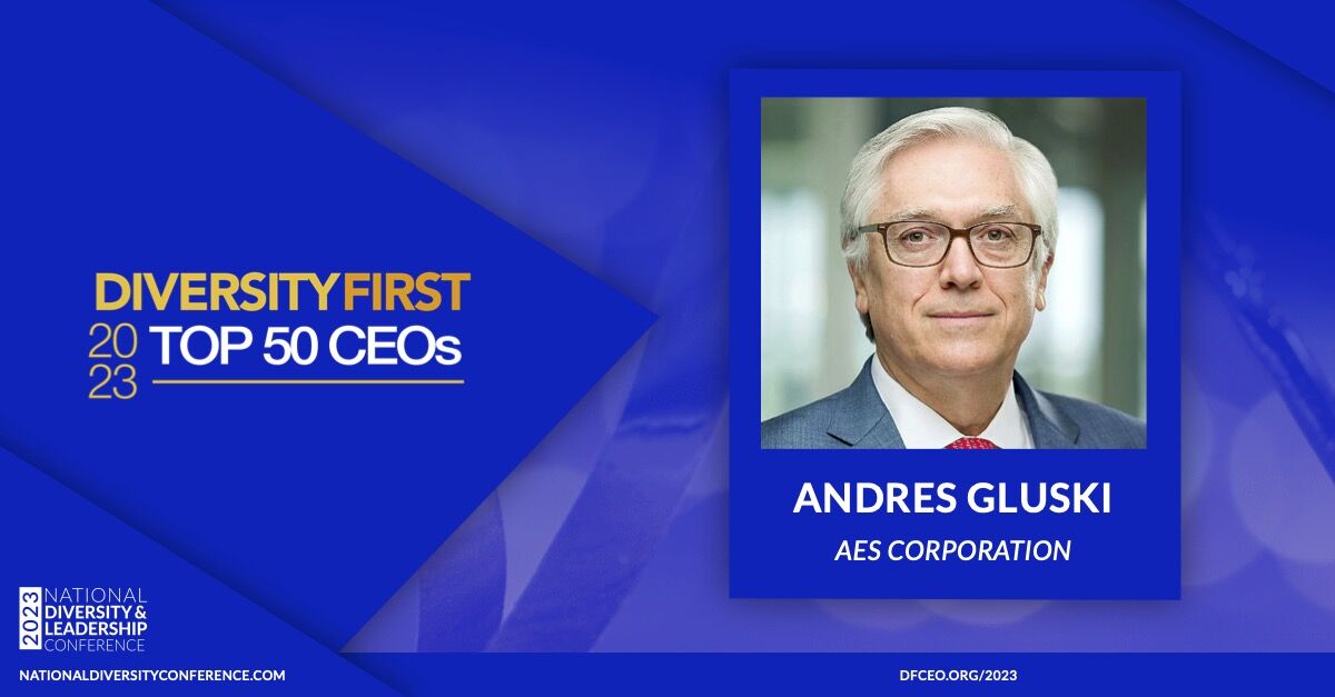 TheAESCorp's tweet photo. We're honored to have our President &amp; CEO Andrés Gluski as Diversity First CEOs of the year! Thanks to #DiversityFirst for the recognition. https://t.co/Hmh2bbnme4