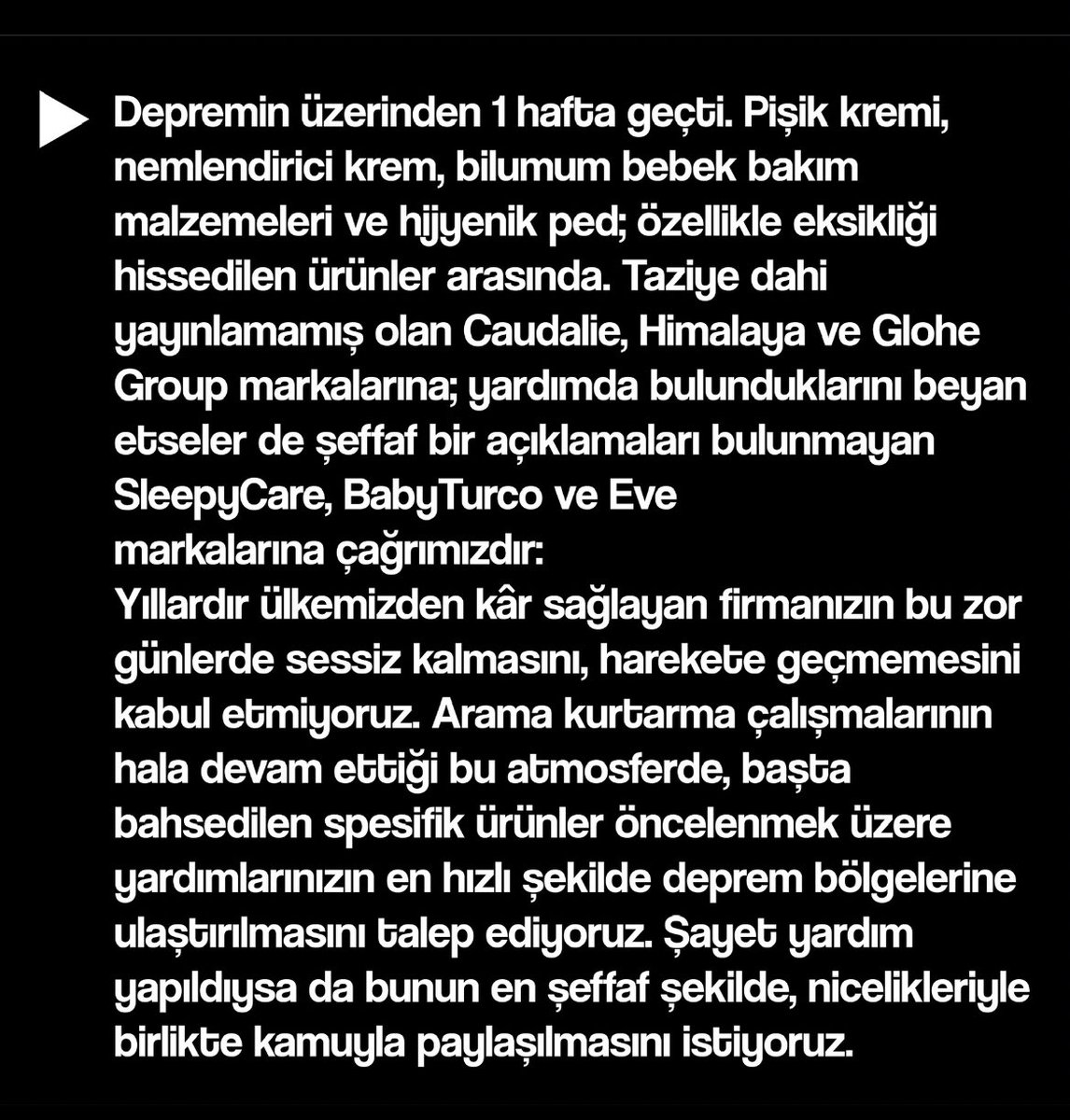 simdisallanma's tweet photo. Deprem bölgelerine acil bilumum bebek malzemeleri ve hijyenik ped gerekiyor. Hep beraber tag’imizi büyütelim. #bebekmalzemeleriacil #SallanmaCaudalie #SallanmaHimalaya #SallanmaGlohe #SallanmaSleepy #SallanmaBabyTurco #SallanmaEve https://t.co/bhp2BThwaL