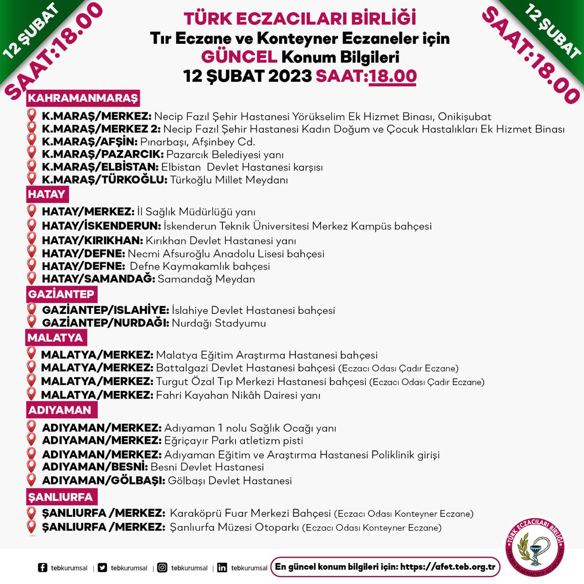 SON GÜNCELLEME:12 Şubat 
SAAT:18.00 

Depremzede vatandaşlarımızın ilaç ve tıbbi malzeme temini için,Birliğimizce bölgeye gönderilmiş olan TIR ECZANENİN ve KONTEYNER ECZANELERİN GÜNCEL KONUM bilgileri,halkımızın dikkatine saygılarımızla duyurulur.#deprem 

afet.teb.org.tr/html/afet-ecza…