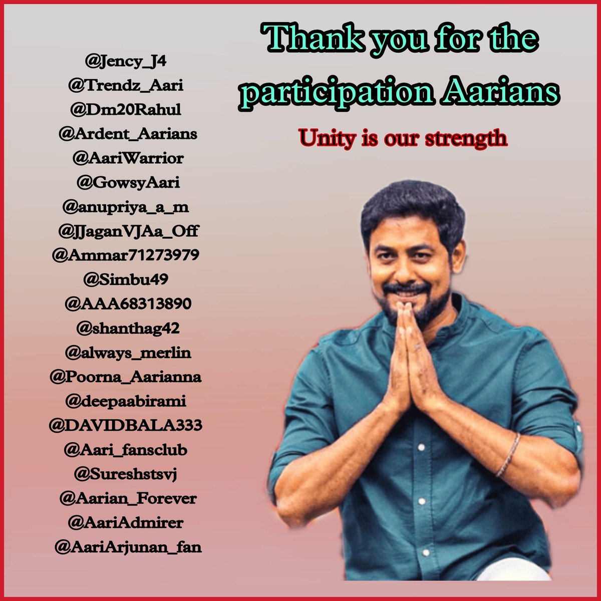 AariFansTrend's tweet photo. And a very big thanks to all the Aarians who all are participating in this trend❤️
Love u all guys ❤️ unity is our strength💥
(Sorry if some ids are not mentioned, and it's not intentional)

#Aari #HBDAari
HAPPY BIRTHDAY AARI https://t.co/ujqDxgEILQ