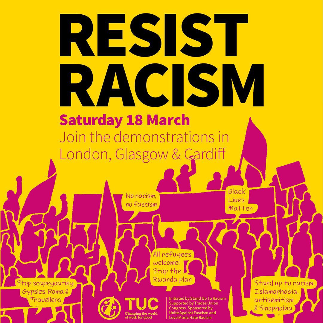 AntiRacismDay's tweet photo. After events in Knowsley, Liverpool we have to mobilise the antiracist majority. 

The #ResistRacism protests on Sat 18 March in London, Glasgow &amp; Cardiff organised with @The_TUC are a big chance to show the movement against #CostOfLivingCrisis says #RefugeesWelcome https://t.co/1LjyFFORyk