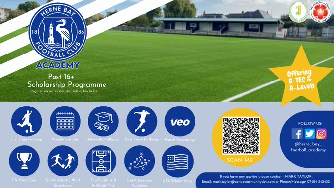 HerneBayFC's tweet photo. We recently announced the launch of the HBFC Academy Post 16+ Scholarship Programme!

Expertly designed to help open up a pathway into sport while providing on-site learning.

First trials set for 16th Feb 🗓️

Register today ➡️ https://t.co/bgim2xjvfS

#WeAreTheBay 🔵⚪️ https://t.co/Qx7gAEYOPj