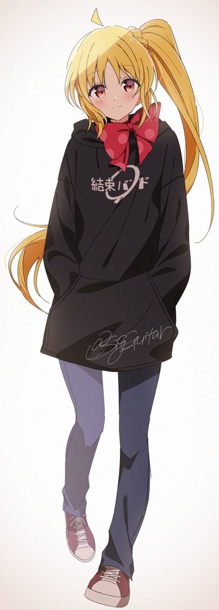 ijichi nijika 1girl solo blonde hair side ponytail long hair pants shoes  illustration images