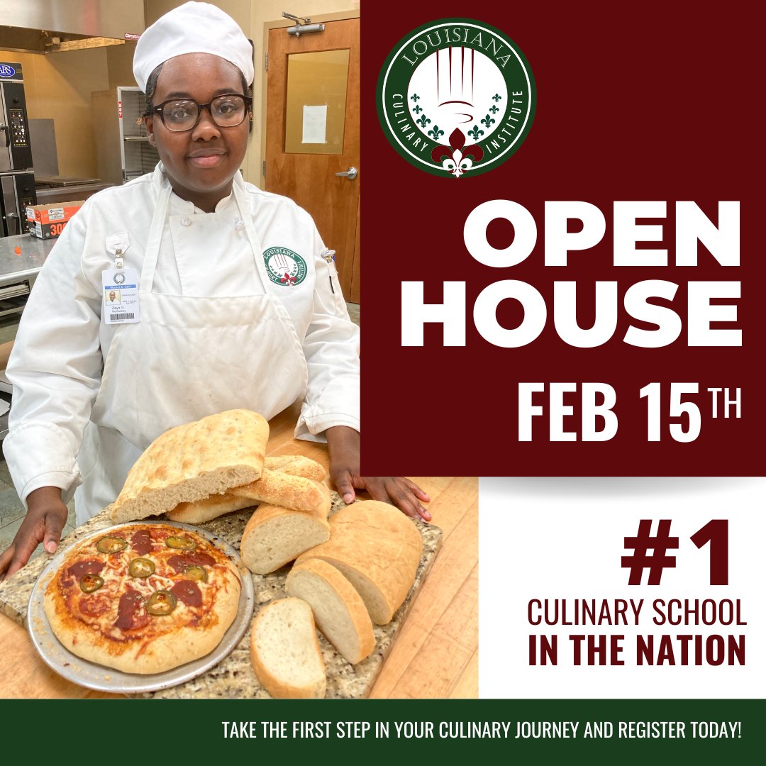 Join us next Wednesday for the last Open House Event of February! RSVP today: buff.ly/3NL0FBT 

#laculinary #learncreateinspire #culinaryarts #culinaryschool #culinarystudent #culinaryeducation #cheflife #geauxlocal #gobr #batonrouge #bakingandpastry #pastrystudent
