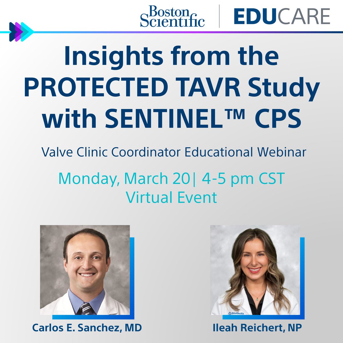 BSCCardiology's tweet photo. Valve Clinic Coordinators - save the date! Join Carlos E. Sanchez, MD, and Ileah Reichert, NP, for a live webinar.

Insights from the #PROTECTEDTAVR Study with SENTINEL™ CPS
Monday, March 20
4-5 pm CST

Register today! https://t.co/KaABEiAW7H

@caresans26 @IleahRACNP https://t.co/hVqwpvRFNE
