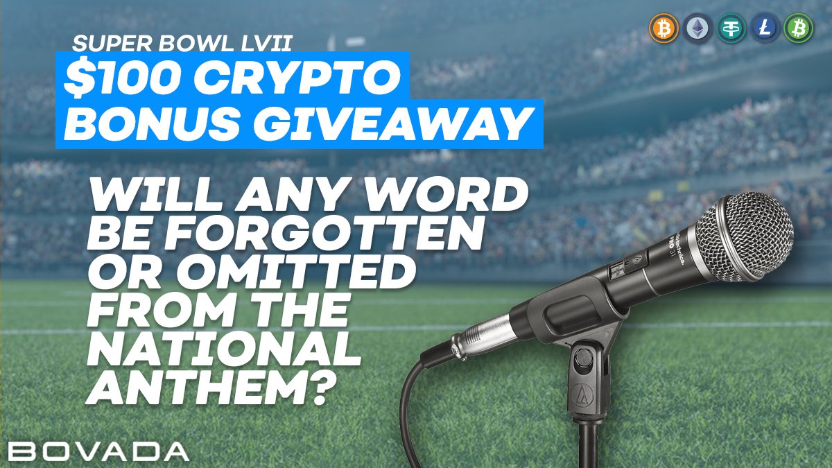 🏈$100 Crypto Bonus Giveaway🏈

To enter:

🔁 this tweet
+ Follow <a href="/Bovada_Casino/">Bovada Casino</a> 
+ Tell us if any words will be omitted during the singing of the National Anthem?

#SuperBowl props ➡️ bit.ly/SuperBowlBetOd…

Terms: bit.ly/B1vDCt