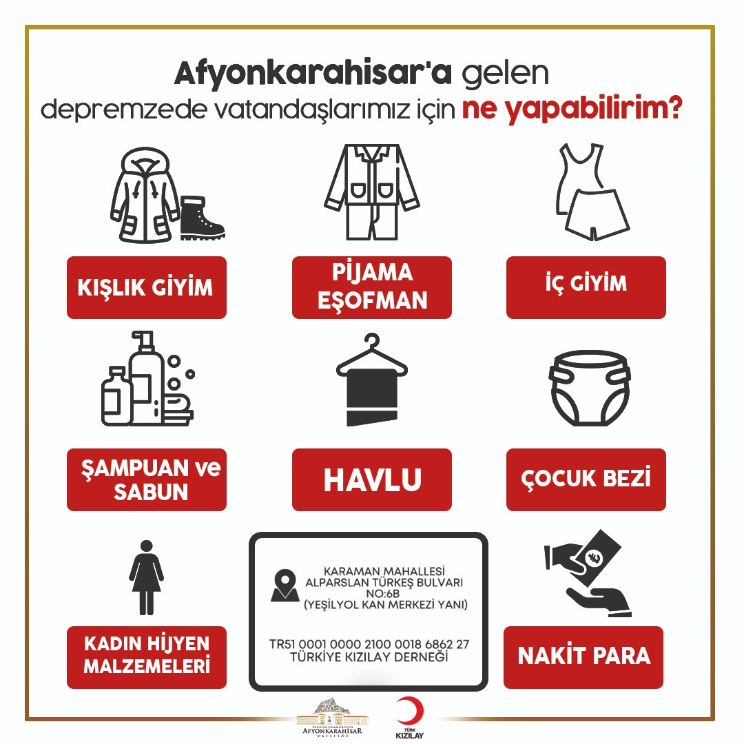 #depremden etkilenerek Afyonkarahisar'a gelen vatandaşlarımız için ayni ve nakdi yardımlarınızı burada Kızılay Şubemize ulaştırabilirsiniz. Kızılay Ekiplerimiz depremzede vatandaşlarımıza ihtiyaç duydukları tüm malzemeleri hızla ulaştırıyor.